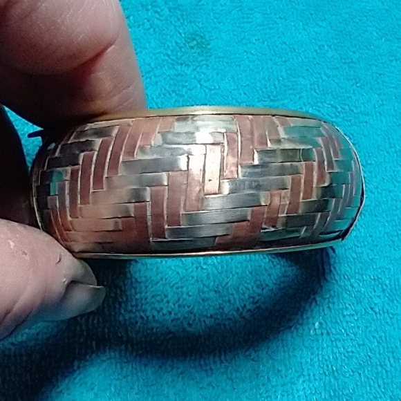 Gold brass copper silver Woven design hinged pin closure vintage Bracelet large - Picture 7 of 8